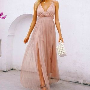 Simplee Criss-cross Backless Split Thigh Mesh Slip Dress